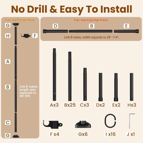 Bonpally Room Divider Curtain Rod, No Drilling Tension Rod for Room Separation, 4-10ft(H) 28-114inch(W) Adjustable Heavy Duty Floor to Ceiling Wall Divider Room Partition Privacy Separator, Black