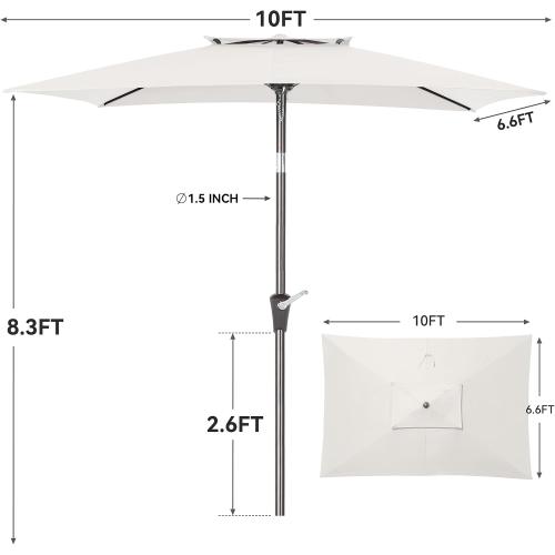 6.6 x 10 ft Rectangular Patio Umbrella, Outdoor Market Table Umbrella with Push Button Tilt and Crank, Double-Tier Vent, 6 Ribs, Rectangle Patio Umbrella for Backyard, Deck, Pool, Fits 4–6 Chairs and Tables (White)