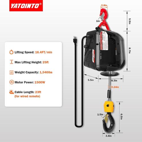 YATOINTO 3 in 1 Electric Hoist Winch, 1540lbs Portable Electric Power Winch with Wire and Wireless Remote Control, 120V Electric Hoist Crane, Overload Protection 25ft Lifting Height for Towing