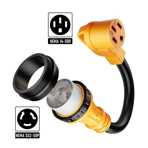 MECMO NEMA SS2-50P to 14-50R 50 Amp Marine Shore Power to Tesla EV RV Power Adapter Cord, Twist Lock SS2-50P/CS6365 to 4 Prong 50A RV Outlet Receptacle for Camper Trailer Motorboat Yacht