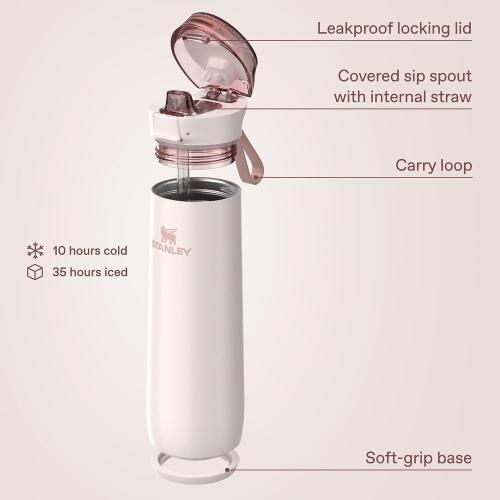 STANLEY Flowstate Spring Bottle, 20 oz, Rose Quartz | Leakproof Water Bottle with Carry Strap & Flip-Top Locking Lid | Insulated Stainless Steel | Fits Most Cup Holders | BPA-Free