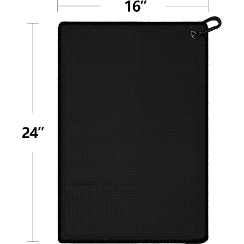VIVIDLY Black 16 x 24 Waffle Pattern Tri-fold Golf Towel Set | Golf Club Brush | Golf Divot Tool