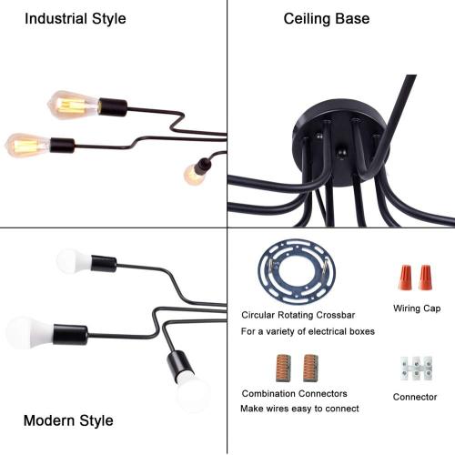 LynPon Black Sputnik Ceiling Light Fixture, 8 Lights Industrial Light Fixtures Semi Flush Mount Ceiling Light Rustic Retro Metal Chandelier Lighting for Kitchen Dining Room Living Room