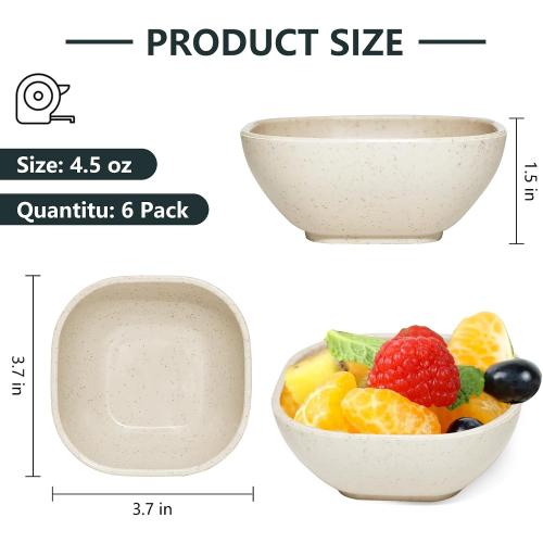 SHECIPIN 6 Pack Small Plastic Bowls 4.5 OZ Unbreakable Wheat Straw Dipping Bowls，plastic ramekins, Assorted Colors Dipping Sauce Cups, dip cups， Dessert, Ketchup
