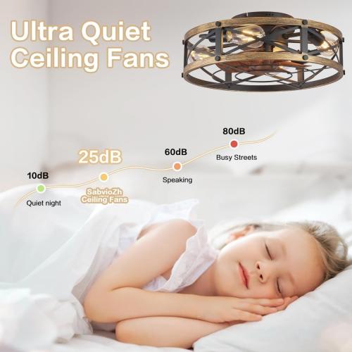 Color Brown and Black Caged Ceiling Fan with Light, Modern Fandelier Flush Mount Ceiling Fans with Lights and Remote, Farmhouse Low Profile Bladeless Ceiling Fans with Lights for Bedroom, Living Room