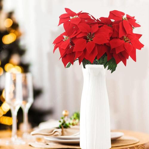 Ferial 2 Pcs Artificial Christmas Flowers - Red 5 Heads Silk Poinsettia Bouquet - Fake Flowers for Xmas Party, Wedding Decoration