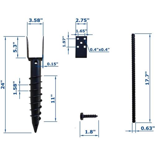1 Pack 24 Inch Black U Model Ground Anchor Fence Includes Lag Bolts and Rebar, Fits Standard 4x4 (3.5 X 3.5 Inch) Post, No Dig Post Stake for Deck,Fence,Porch,Railing,Mailbox