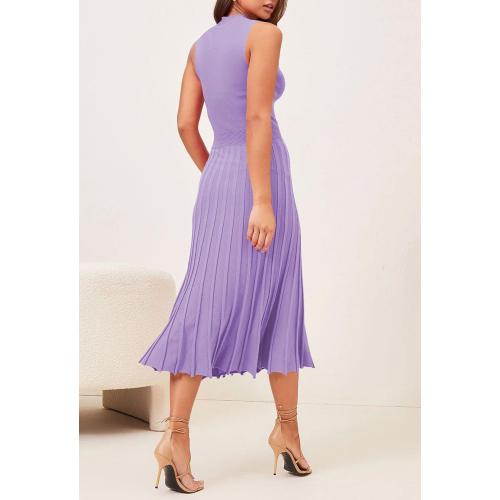 Pink Queen Women's Crew Neck Sleeveless High Waisted Bodycon Pleated Ribbed Swing Knit Midi Dresses
