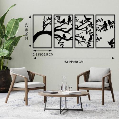 ruelen Wall Decor 4 Pieces Large Metal Birds and Branch Wall Art, Tree of Life Metal Wall Art, Black Leaves with Birds Silhouette Hanging Wall Sculpture For Indoor Home Bedroom Living Room Outdoor