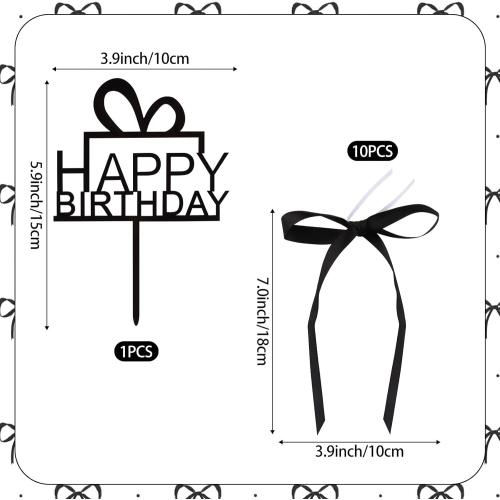 11 Pack Bow Cupcake Toppers Birthday Bowknot Ribbons Cake Topper Coquette Themed Party Black Bow with Happy Birthday Sign for Girl Kids Baby Bridal Wedding Party Cake Decorations