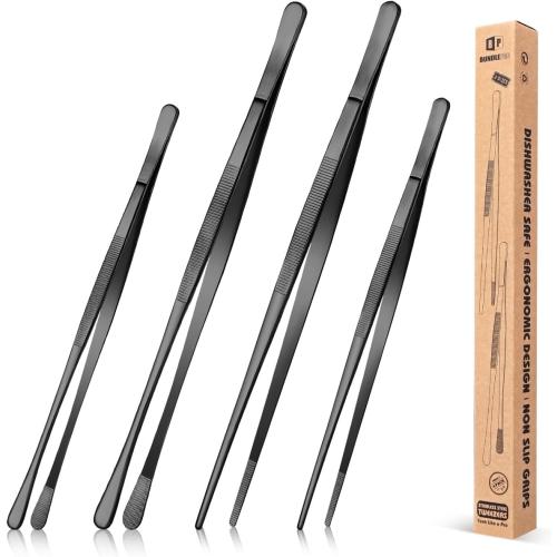 4 Pcs Fine Long Tweezer Tongs Professional Black, 12'' and 10'' Stainless Steel for Kitchen, Food, Cooking, Repairing, Sea food and BBQ