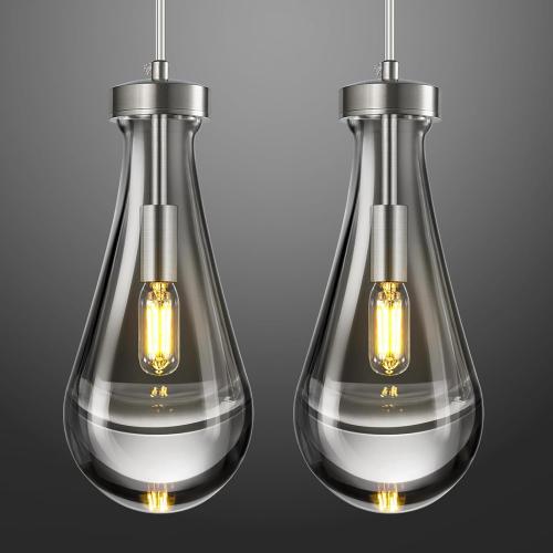 Raindrop Pendant Lights Kitchen Island Teardrop Nickel Hanging Light Fixtures Clear Solid Glass Pendant Light Modern Chandeliers for Dining Room Porch Corridor Living Room(2-Pack)