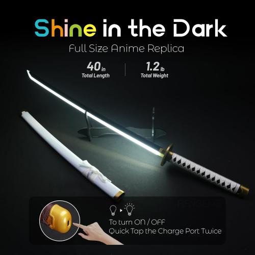 RENGENG Light Up Sword, 40 Inches Rechargeable Pre-Assembled Plastic Replica Anime Sword with Belt & Stand & Spinner