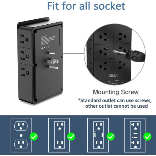Multi Plug Outlet Extender Nikleb, Surge Protector 12 Outlets, Wall Plug with 2 USB  USB C Ports Total 3.1A, Charger Blocks Wall Mount, Outlet Splitter Heavy Duty for Home, Office, Garage Improvement