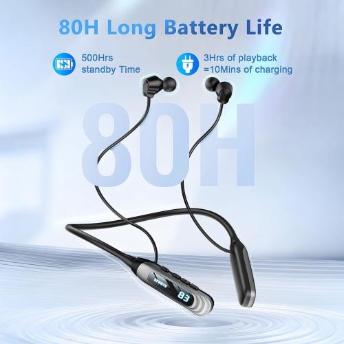 MZYML Neckband Bluetooth Headphones 5.4, IPX5 Waterproof Sports Earbuds with Mic, 80H Playtime 1000H Standby, LED Power Display, Magnetic in-Ear Headset for Running Workout Gym (Black)