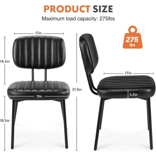 Sweetcrispy Dining Chairs Set of 2, Upholstered Mid Century Modern Kitchen Accent Chairs with Faux Leather Cushion Seat & Metal Legs for Home Office, Living Room - Black