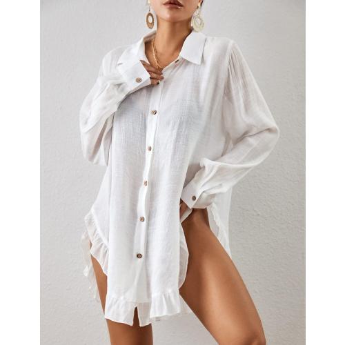 Size XL...Long Sleeve Swimsuit Coverup for Women Button Down Bathing Suit Cover Up Shirt Casual Beach Dresses white