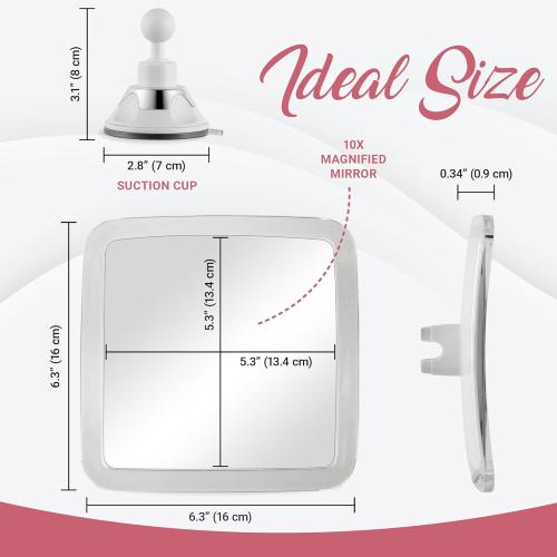 MIRRORVANA 10X Magnifying Makeup Mirror with Suction Cup - Suitable for Cosmetic, Vanity, Bathroom, and Travel Use - Designed for Precise Makeup Application and Skin Care - 6.3 x 6.3 (Square)