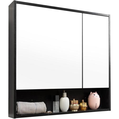 ALIMORDEN Medicine Cabinet with Mirror and Shelves, Oversized Bathroom Wall Storage Organizer Over The Vanity, Toilet, Recessed or Surface Mount, 30.4 L x 29.5 H, Black