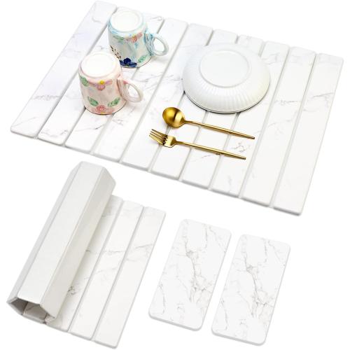 3 Pack Fast Dry Stone Dish Drying Mats for Kitchen Counter Accessories Large Diatomite Dish Water Absorbing Stone Bathroom Sink Tray Quick Dry Matt Diatomaceous Earth Pad White Marble Kitchen Mat