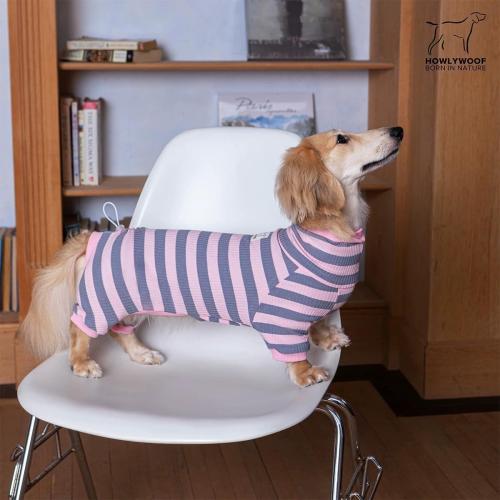 Dachshund Dog Shirt, Thin Striped Base Layer Onesie for Wiener Dogs, Lightweight All-Season Wear, Soft & Comfy Fit for Doxie and Short-Leg Breeds (Pink&Grey, Size 2 (11-16 lbs))