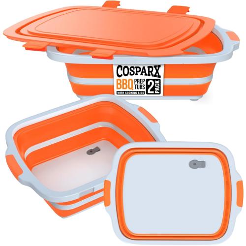 2-Pack XL Collapsible BBQ Prep Tub with Built-In Cutting Board, Lid & Strainer – Marinate, Drain & Prep – Large Food-Safe Container – Perfect for Grilling, Smoking & Outdoor Cooking