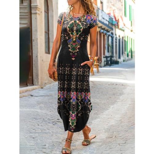 Size M Akivide Women's Boho Floral Maxi Dress Summer Casual Loose Short Sleeve Beach Vacation Dress with Pockets