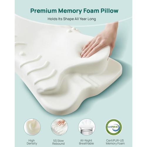 Releep Adjustable Cervical Neck Pillow, Cooling Orthopedic Ergonomic Contour Pillow, Memory Foam Neck Pillows for Back Stomach Sleeper, White Color