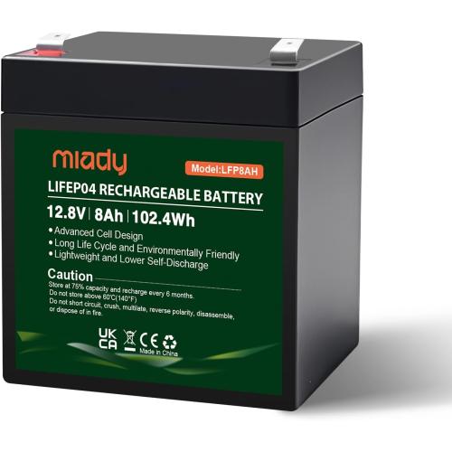 Black Miady 12V 8Ah Lithium LiFePO4 Battery, Deep Cycle 3000  Rechargeable Battery for Small UPS, Fish Finder, Power Wheels, Scooters, Solar-Power, Built-in 8A BMS