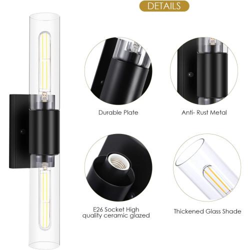 Wall Sconces Set of Two, Black Bathroom Sconces Wall Lighting with Clear Glass Modern Sconces Wall Light Set of 2 Bathroom Light Fixtures Vanity Light for Living Room Bedroom Washroom Hallway