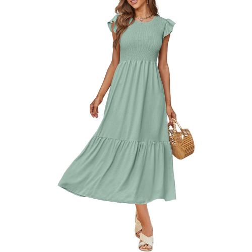 Size M  Women's Casual Maxi Dresses with Pockets Ruffle Sleeve Smocked Dresses