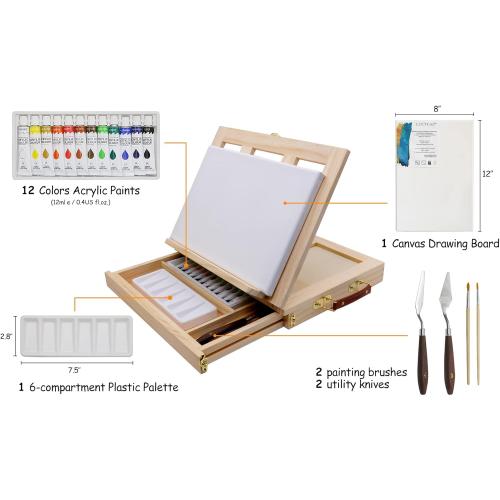 LUCYCAZ Art Easel for Painting, Tabletop Painting Easel Set for Kids, Pine-Wood Portable Easel Stand for Artists with Canvas, Acrylic Paints, Brushes, Palette and Palette Knives