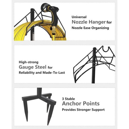 Freestanding Outdoor Garden Hose Holder Stand with Brass Faucet, Heavy Duty Metal Water Hose Reel Storage Stake Rack for Backyard, Black (Hose not Included)