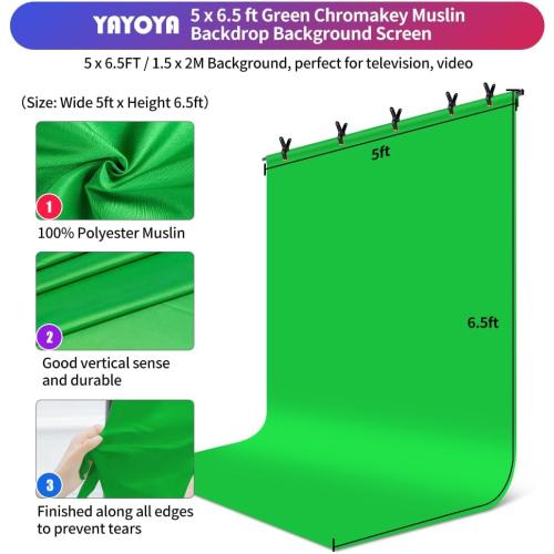 Green Screen Backdrop Kit, 5 x 6.5 ft Portable Chromakey Green Screen with T-Shaped Stand & Carrying Bag & 5 Clamps, Greenscreen Background for Streaming, Gaming, Zoom