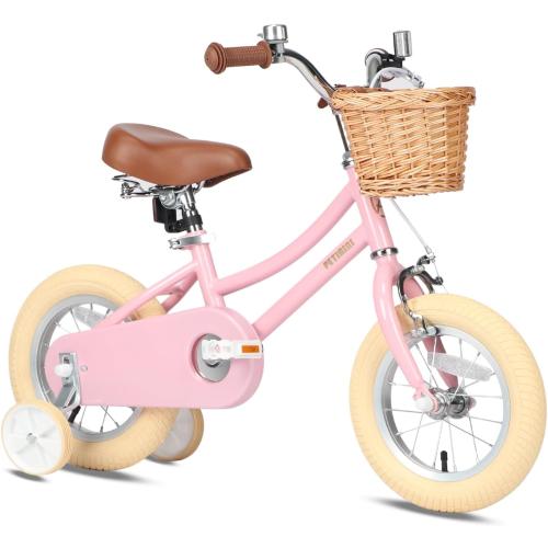 Petimini Vintage Kids Bike for Girls, 12–20 Inch Classic Bicycle with Wicker Basket & Bell, High Tensile Steel Frame, Training Wheels (12–18”), 85% Pre-Assembled, Retro Bike for Outdoor Riding