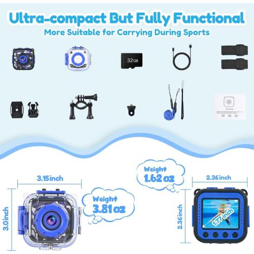 PROGRACE Pool Toy & Kids Underwater Camera - IP68 Waterproof Action Camera for Boys Ages 3-12, 1080P Video, 32GB Card, Mount for Bike & More, Birthday Gift for Diving, Swimming, Riding, Snorkeling