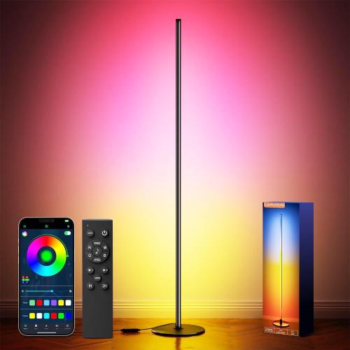 luckystyle Smart RGB IC Corner Floor Lamp,Bright LED Tall Modern Floor Lamp with APP and Remote,Ambient Lighting Color Changing Standing Lamps with Music Mode and Timing for Living Room,Bedroom,Party
