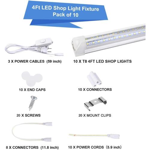 10Pack 4FT LED Shop Light - 50W 8000LM 6500K Linkable Clear Cover T8 LED Tube Light for Workshop, Warehouse, Basement - Plug and Play