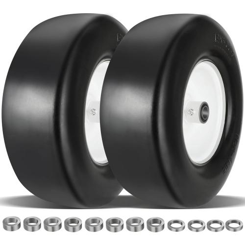 2 Pcs 13x500-6 Color White Upgrade 13x5.00-6 Flat Free Lawn Mower Tire and Wheel with 3/4 Chrome Steel Bearings, Zero Turn Mower Front Solid Tire Assembly for Commercial Grade Lawn, Garden Turf, 4.2-5.2 Centered Hub