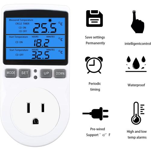 Backlit Digital Temperature Controller, LCD Screen Heating Cooling Thermostat Outlet Socket with Sensor Timer Regulator for Reptile Incubator Greenhouse Brewing Refrigerator, 120V, 15A, ℉/℃