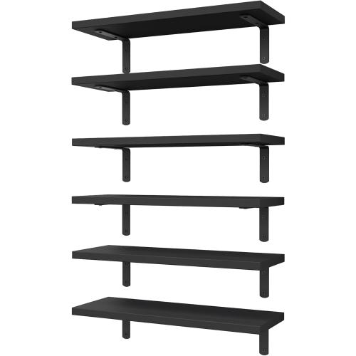 WOPITUES Wood Floating Shelves Set of 6, Shelves for Wall Decor, Farmhouse Shelf for Bedroom, Bathroom Storage Shelves, Book Shelves for Living Room-Black***