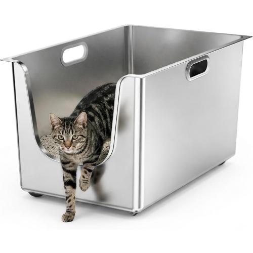 Stainless Steel Cat Litter Box with Wheels, 11.8 High Side Metal Pan