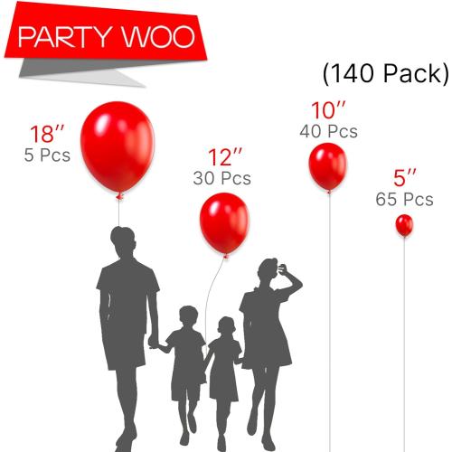 PartyWoo Red Balloons 140pcs Different Sizes of 18 12 10 5 Inch Matte Red Latex Balloon Arch Kit Garland for Birthday Graduation Bachelorette Cherry Casino Movie Theme Party Decorations Red-Y57