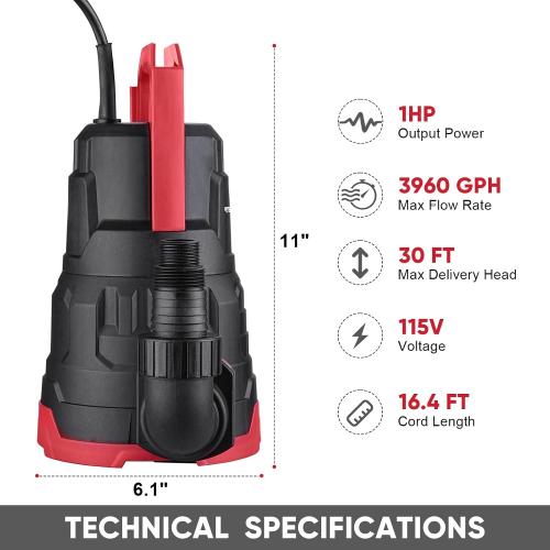 Tenzzola Sump Pump, 1 HP 3960GPH Submersible Utility Water Pump, Thermoplastic Portable Electric Water Removal Transfer Pump with 16.4FT Cord for Swimming Pool Basement Garden Pond Tubs Draining
