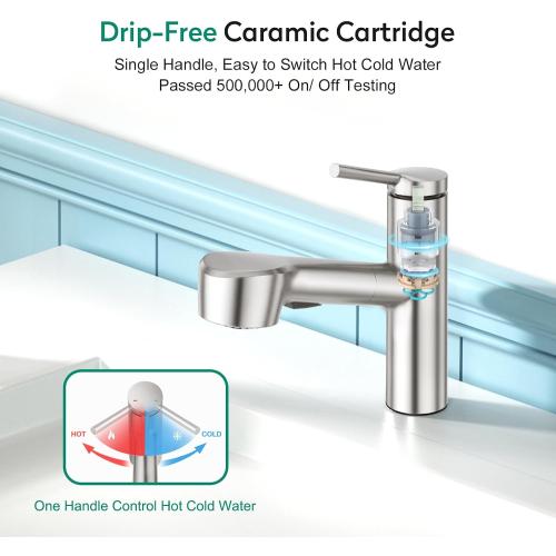 Silver CREA Pull Out Bathroom Faucet Single Hole 1 Handle Utility Sink Faucet with Sprayer Handheld Laundry Room Bath Tub Faucet for Kids Pet Vanity Face Basin Mixer Tap Brushed Nickel Stianless Steel
