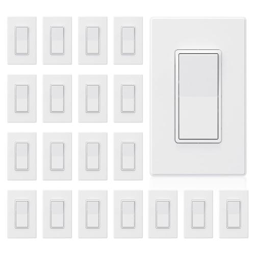 ELEGRP Matte White Single Pole Decors Light Switch with Plate 15Amp, 120-277V, Paddle Rocker Switch Replacement, On/Off Wall Switch, Self-Grounding, Residential Grade, w/Wall Plate, UL/CUL (20 Pack)