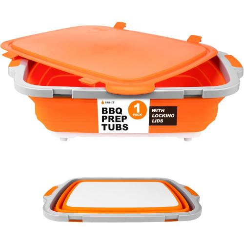 Drip EZ Collapsible BBQ Prep Tub - For Meal Prep Marinating Food Storage - Includes Cutting Board & Locking Lid - (1) XL - Orange