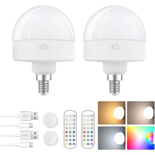 E12 Rechargeable Light Bulb with Remote Control Timer and 15 Colors Options,Battery Operated Light Bulbs,Magnetically,Dimmer,Wireless Puck Light Bulb for Wall Sconce,Non-Hardwired,Detachable,2 Pack
