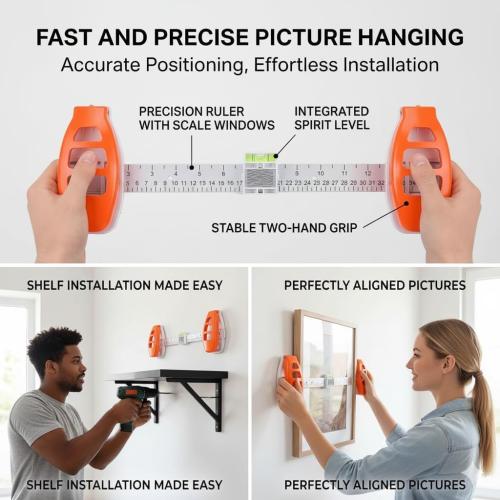Picture Hanging Tool with Level, Magnetic Nail Holder and Ruler, 3-in-1