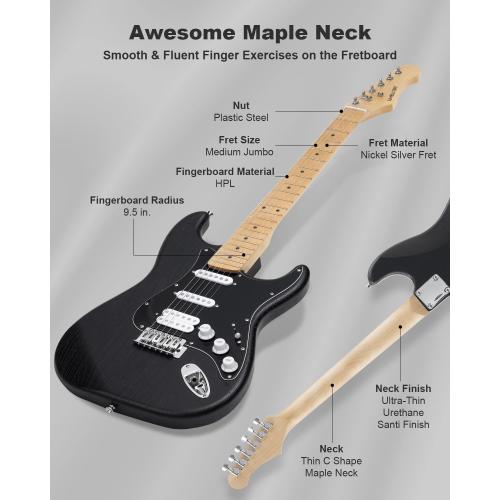 RVONE RST-150 39 Beginner Electric Guitar Kit with Amp & HSS Pickups | Complete Starter Set for Newcomers w/Essentials | Gig Bag, Extra Strings, Digital Tuner, Capo, Strap | Home Practice (Black)‼️missing pieces‼️